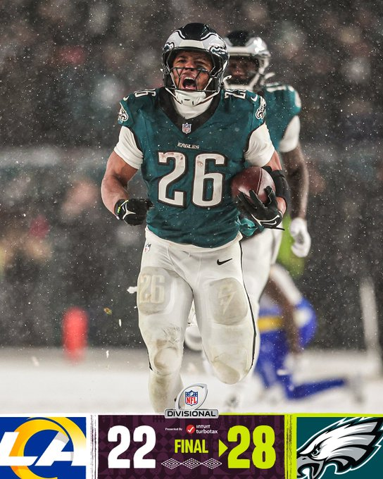 romanomad82's tweet photo. #NFL #NFLPlayoffs #DivisonalRound #LARvsPHI 22-28. Acabรณ ganando #FlyEaglesFly pero teniendo que defender un drive de 2 mins que llegรณ hasta casi su redzone. Barkley de nuevo determinante con 2 TDs. Se congelรณ #RamsHouse con la nieve y aun asi estuvo apunto de ganar. https://t.co/o6atpgftCb