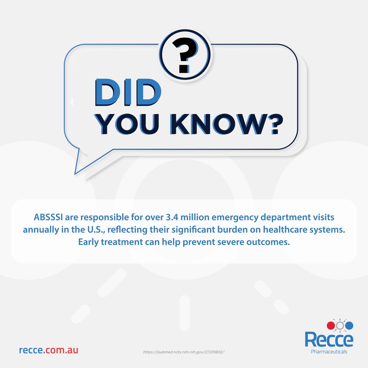 ReccePharma's tweet photo. #DYK? Acute Bacterial Skin and Skin Structure Infections (#ABSSSI) lead to over 3.4 million ER visits annually in the U.S., with 74% of hospital admissions requiring #MRSA-active #antibiotics. Early, effective treatment is critical to reducing this burden. https://t.co/5NSlLYKnpl