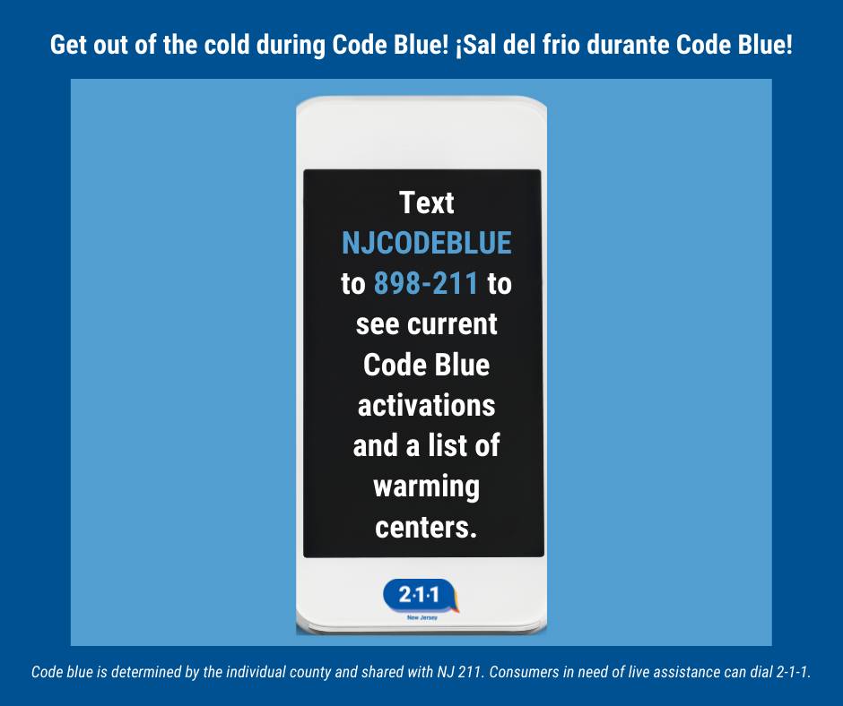 🥶Below-freezing temperatures are expected in our region. <a href="/NJ211/">NJ 211</a> has statewide resources to help residents stay warm when a #CodeBlue is activated. 

✅Visit nj211.org to find warming center information near you!

#ReadyNJ