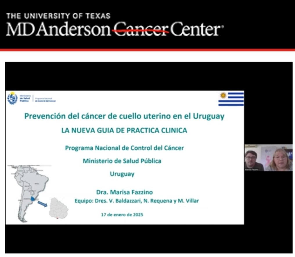 Agradezco al M.D. Anderson Cancer Center: U.S.A que coordina el PROYECTO ECHO-ELA: "Elimi- nación del Cancer Cervical en Las Américas",la invitación a exponer:  "Nueva Guía de Prevención del Cáncer Cuello Uterino":Programa Nacional del Control del Cáncer, Ministerio Salud,Uruguay