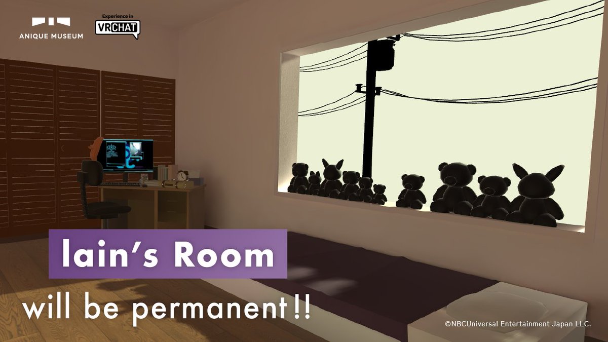 1998_lain_en's tweet photo. ✨ lain VRChat World

The Weird Exhibition closed yesterday. Thanks to everyone who visited!

We’re excited to announce that “lainʼs Room” will return with a fresh look as a permanent world.

New features coming, with release planned for Jan/20 3am(PST). Stay tuned!

#lain #WeirdExhibition