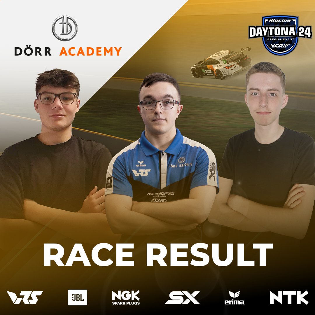 Dörr Esports (@doerresports) on Twitter photo Daytona 24H results!! 👏
Dörr Pro GTP
@jonny_doubleyou
<a href="/PaulVLange/">Paul V Lange</a>
<a href="/JesseJammyJones/">Jesse James Jones</a>
Qualifying: P11
Race: P10
Dörr Pro GTD
<a href="/wunsch_luca/">Luca</a>
<a href="/liamwillmann93/">Liam Willmann</a>
<a href="/AlexThiebe/">Alex Thiebe</a>
Qualifying: P15
Race: P10
Dörr Academy
<a href="/simracejohn/">John</a>
<a href="/YaLuMu06/">Mund Yannick</a>
Maddox Schneider
Qualifying: P9
Race: P15 Daytona 24H results!! 👏
Dörr Pro GTP
@jonny_doubleyou
<a href="/PaulVLange/">Paul V Lange</a>
<a href="/JesseJammyJones/">Jesse James Jones</a>
Qualifying: P11
Race: P10
Dörr Pro GTD
<a href="/wunsch_luca/">Luca</a>
<a href="/liamwillmann93/">Liam Willmann</a>
<a href="/AlexThiebe/">Alex Thiebe</a>
Qualifying: P15
Race: P10
Dörr Academy
<a href="/simracejohn/">John</a>
<a href="/YaLuMu06/">Mund Yannick</a>
Maddox Schneider
Qualifying: P9
Race: P15