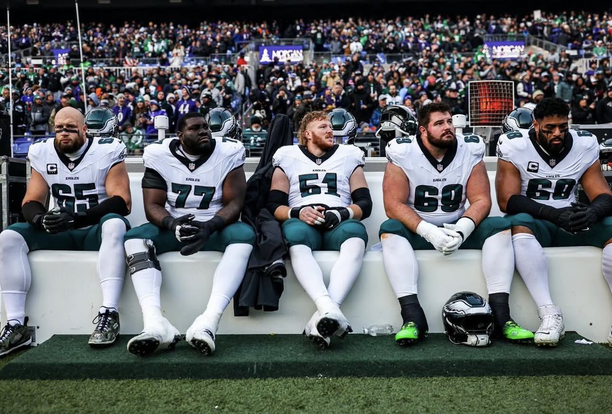 Schultz_Report's tweet photo. They don’t get much love with all the flashy weapons around them, but let’s take a moment to appreciate the #Eagles’ offensive line.

Jordan Mailata, Landon Dickerson, Cam Jurgens, Mekhi Becton, and Lane Johnson — all guided by the mastermind himself, OL coach Jeff Stoutland — form an absolute force up front.

This unit deserves massive credit for the dominance we see every week.