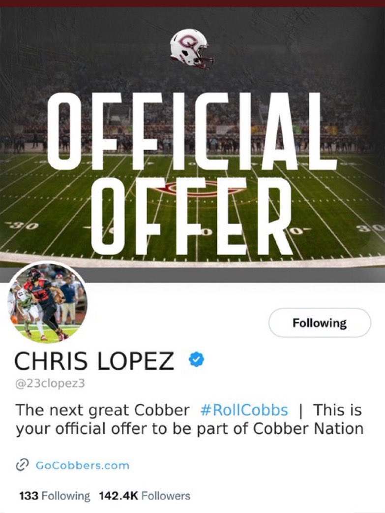 Chris Lopez (@23clopez3) on Twitter photo #AGTG After a phone call and great conversation with <a href="/KCBakk31/">Kyle Bakken</a> I am blessed to have received an offer from Concordia College!!! #RollCobbs
<a href="/SOAZFootball/">Southern Arizona Football</a> <a href="/PrepRedzoneAZ/">Prep Redzone Arizona</a> <a href="/Cobber_Football/">Cobber Football</a> <a href="/AScholarsBrand/">Athletic Scholars Brand Inc.</a> <a href="/SCOT_FB/">Small College Football Offer Tracker</a> <a href="/hsfootballfan23/">AZHSFB Fan ππ</a> #AGTG After a phone call and great conversation with <a href="/KCBakk31/">Kyle Bakken</a> I am blessed to have received an offer from Concordia College!!! #RollCobbs
<a href="/SOAZFootball/">Southern Arizona Football</a> <a href="/PrepRedzoneAZ/">Prep Redzone Arizona</a> <a href="/Cobber_Football/">Cobber Football</a> <a href="/AScholarsBrand/">Athletic Scholars Brand Inc.</a> <a href="/SCOT_FB/">Small College Football Offer Tracker</a> <a href="/hsfootballfan23/">AZHSFB Fan ππ</a>