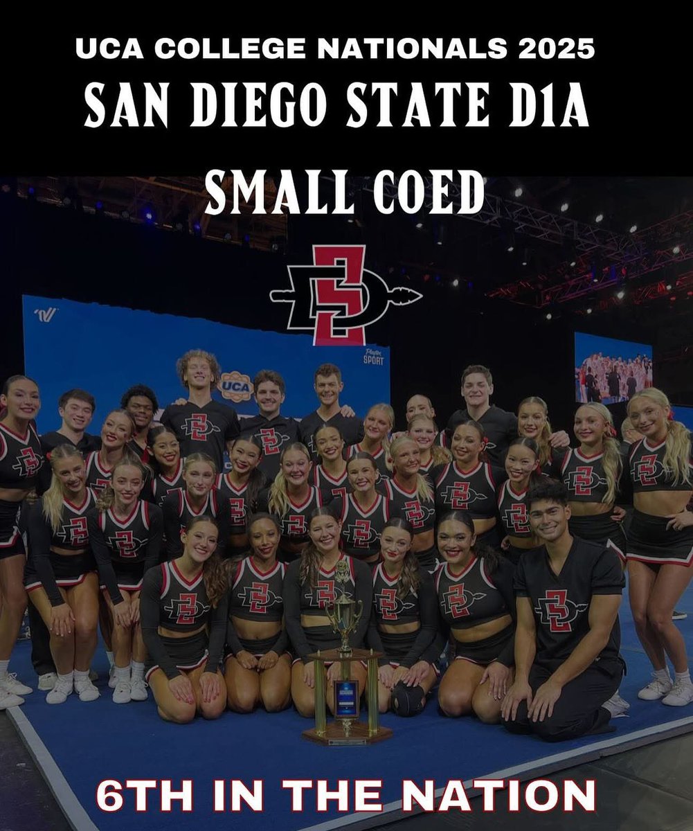 6th in the D1A Small Coed division! We are so proud! ❤️🖤
.
.
.
#SDSUCheerleading #YouCantHaveMyAztecLife
#CollegeCheer #R2AM #TogetherWeRise #AR3T
#WeAreAztecs #Cheerleading #SanDiegoState #MFWB