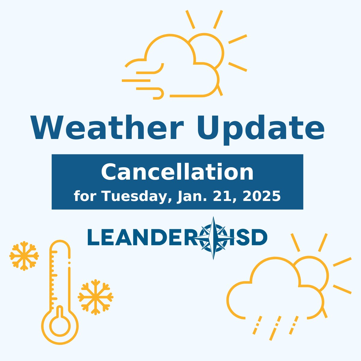 🚨 All #1LISD classes and activities are canceled Tuesday, Jan. 21, 2025, due to the winter weather warning, which is forecasting sleet and snow along with temps remaining below freezing throughout the day, significantly impacting travel.

ℹ️: bit.ly/3Ws05Qd