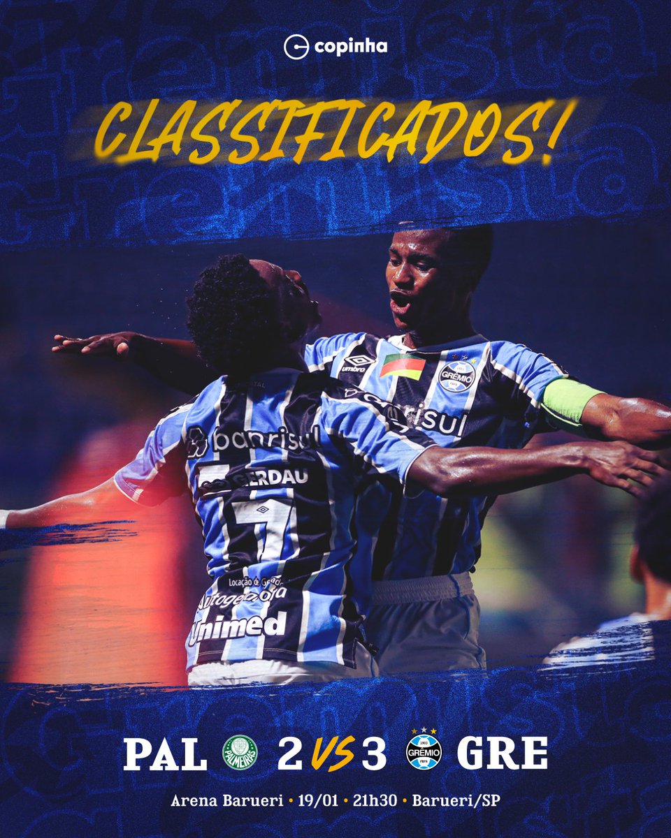 AQUI É GRÊMIO! 🇪🇪🏆 Palmeiras 2 x 3 #Grêmio
Com gols de Pedro Gabriel, Gabriel Mec e Luís Eduardo, a #BaseGremista #Sub20 não se entregou, honrou o manto Tricolor durante os 90 minutos e conquistou a vaga na semifinal da #Copinha2025. RAÇA E FORÇA, GURIZADA! 💪🏽