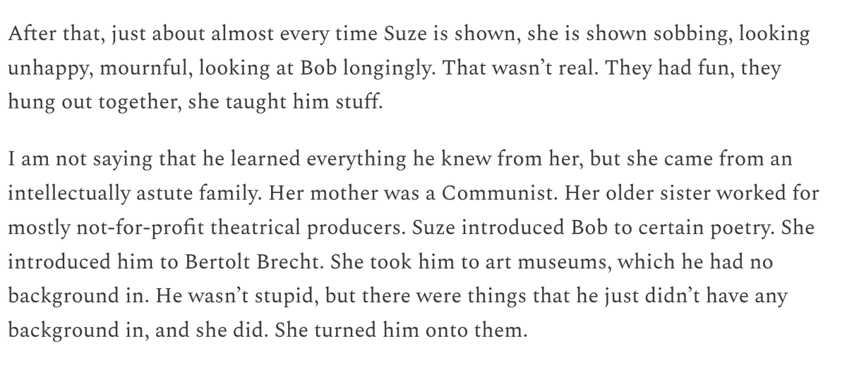rayfp's tweet photo. Terri Thal, Bob Dylan's manager back in the early '60s, on how 'A Complete Unknown' misportrayed his girlfriend Suze Rotolo:

"Suze was an intelligent, young, active woman. She did not spend her time looking at Bob longingly saying, 'Who ARE you?'"

more: https://t.co/yzu08wlZz7 https://t.co/tVttMQJAJH