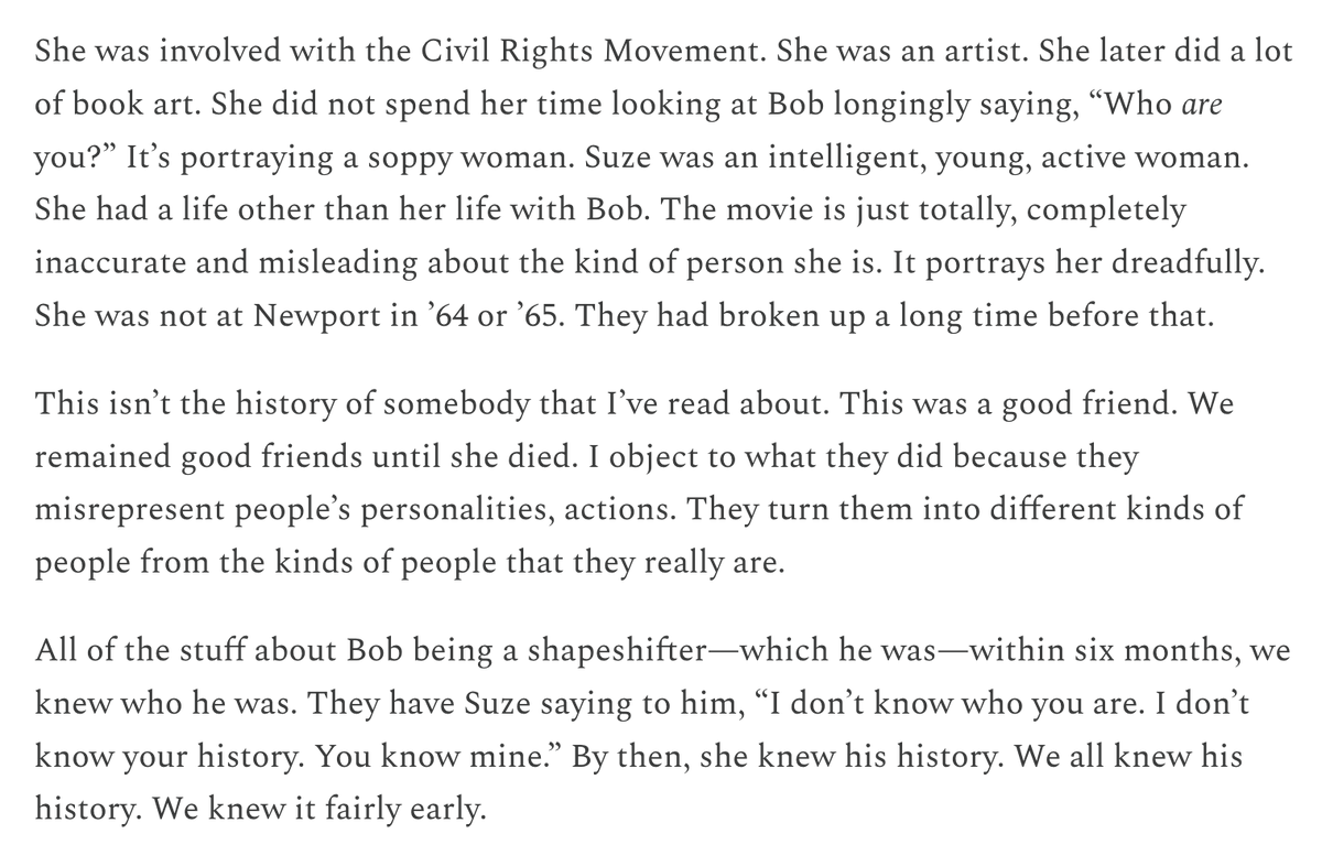 Terri Thal, Bob Dylan's manager back in the early '60s, on how 'A Complete Unknown' misportrayed his girlfriend Suze Rotolo:

"Suze was an intelligent, young, active woman. She did not spend her time looking at Bob longingly saying, 'Who ARE you?'"

more: flaggingdown.com/p/bob-dylans-f…