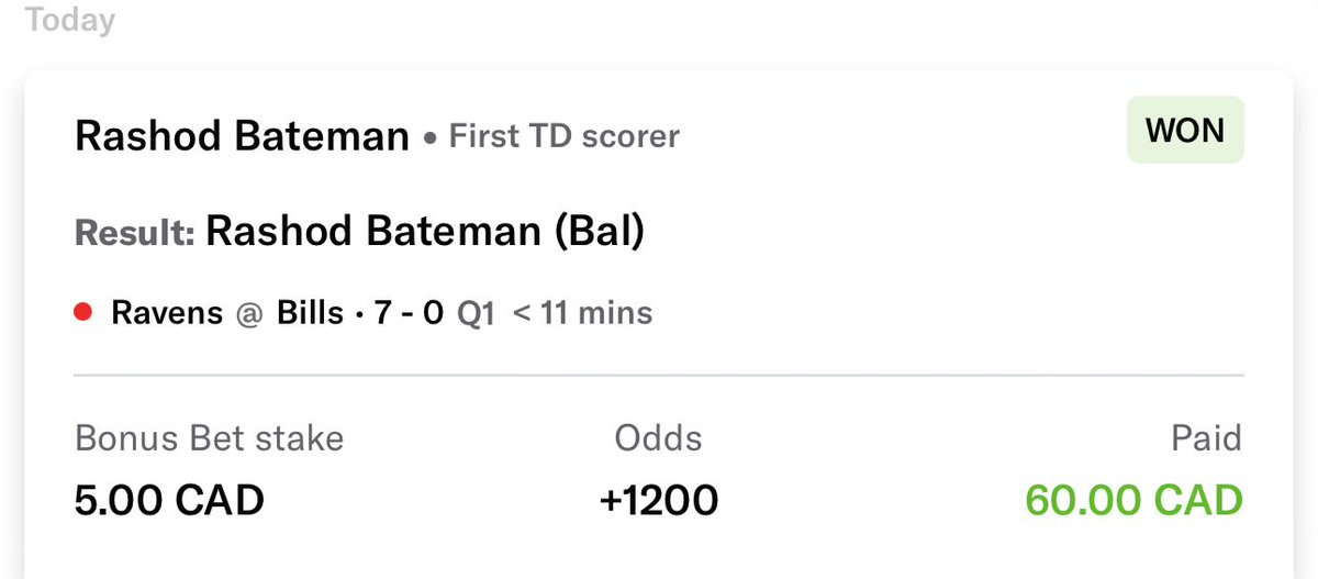 JustTheFirstTD's tweet photo. Well the was quick game two of the day. 1st Touchdown with the bonus bet on @BetMGM for Bateman. 

Back at it next week for the Championship games and tomorrow night for the CFB National Championship game. Check it out at @PlaysLab https://t.co/XQG7LwoaK4