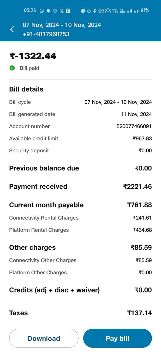 i_sandeeps's tweet photo. @JioCare Wtf? I've been charged for 761 for just 3 days of usage. This is nuts. Another scam? https://t.co/fnwySRHr3u