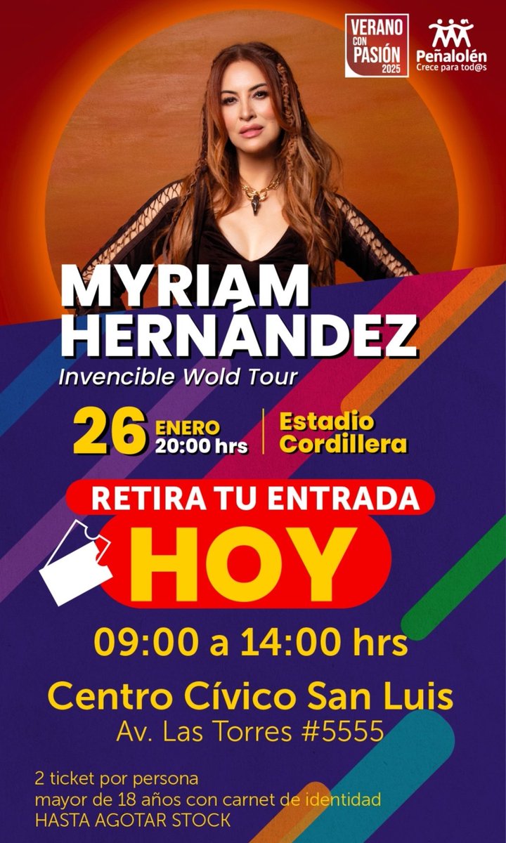 MyriamHNClub's tweet photo. 📢📢 26/Enero @MyriamHN en @penalolen 
#MyriamHernandez #peñalolen #musica #invencible https://t.co/rQMYvyzQjV