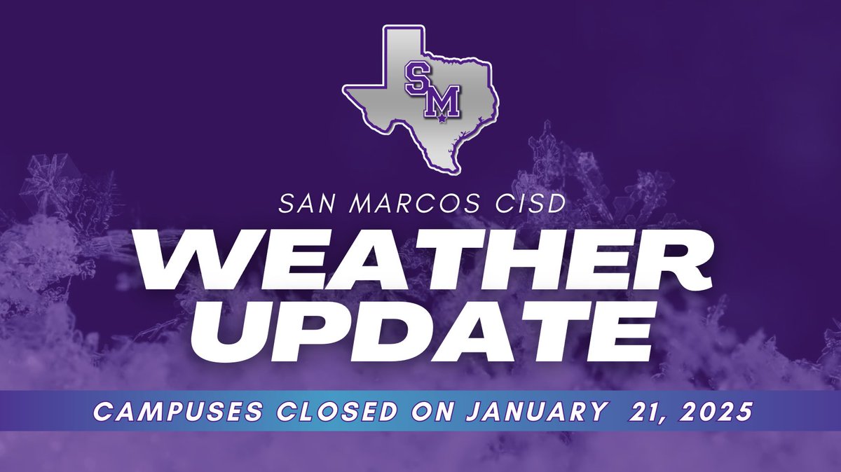 SMCISD Families: Due to expected inclement weather, all #SMCISD campuses &amp; offices will be closed on Tuesday, Jan. 21. This includes the cancellation of all after-school/UIL events.

Full message via smcisd.net/Page/6302