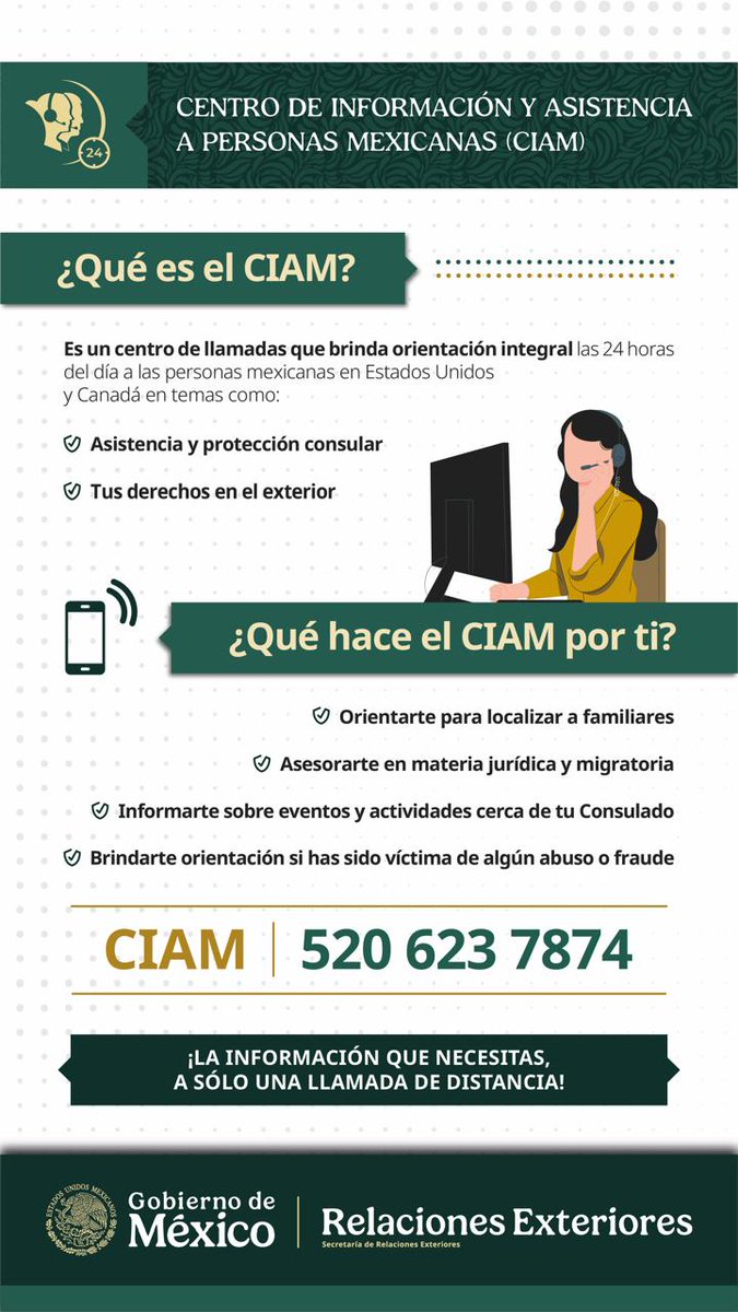 Relaciones Exteriores (@sre_mx) on Twitter photo 📌 ¿Sabes qué hace el Centro de Información y Asistencia a Personas Mexicanas por ti?
¡Conoce más de este servicio de la <a href="/SRE_mx/">Relaciones Exteriores</a> para nuestras y nuestros connacionales en EUA!
#CIAM ☎️ 520 623 7874 📌 ¿Sabes qué hace el Centro de Información y Asistencia a Personas Mexicanas por ti?
¡Conoce más de este servicio de la <a href="/SRE_mx/">Relaciones Exteriores</a> para nuestras y nuestros connacionales en EUA!
#CIAM ☎️ 520 623 7874