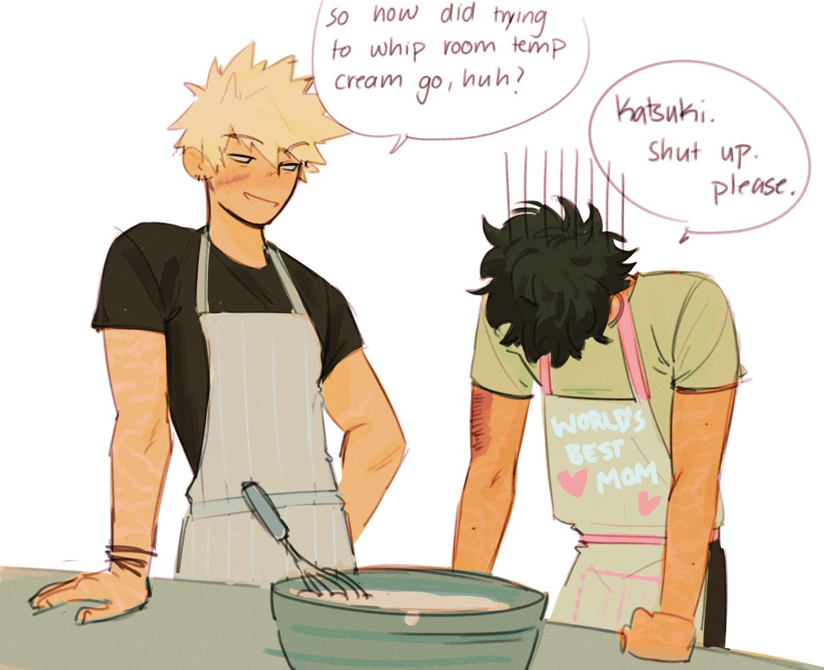deku tried to secretly bake shoto's bday cake but he was fighting for his life trying to get the cream to the right stiffness so he calls katsuki who helps him out very smugly
(deku is wearing his mom's apron, bakugo brought his own he's a pro)