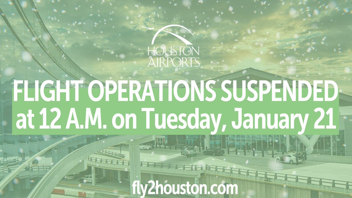 To prioritize the safety of our passengers and staff, and due to extremely hazardous road conditions throughout Houston, flight operations at HOU will be temporarily suspended at 12 A.M. on Tuesday, January 21. Please do not attempt to travel to the airport after this time. 1/3