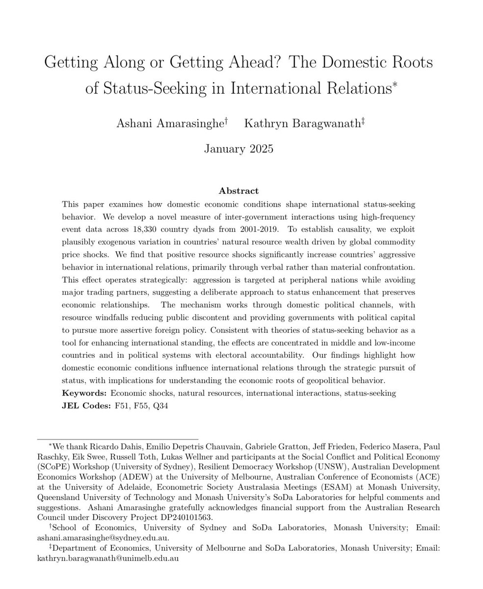 Ashani Amarasinghe (@ashaniamar) on Twitter photo New WP!
“Getting along or getting ahead? The domestic roots of status-seeking in international relations”
By <a href="/ashaniamar/">Ashani Amarasinghe</a> <a href="/USydneyEcon/">Uni of Sydney Economics</a> <a href="/KathrynBaragwa/">Kathryn Baragwanath</a> <a href="/UniMelb/">University of Melbourne</a>
ideas.repec.org/p/syd/wpaper/2…
Comments welcome! New WP!
“Getting along or getting ahead? The domestic roots of status-seeking in international relations”
By <a href="/ashaniamar/">Ashani Amarasinghe</a> <a href="/USydneyEcon/">Uni of Sydney Economics</a> <a href="/KathrynBaragwa/">Kathryn Baragwanath</a> <a href="/UniMelb/">University of Melbourne</a>
ideas.repec.org/p/syd/wpaper/2…
Comments welcome!