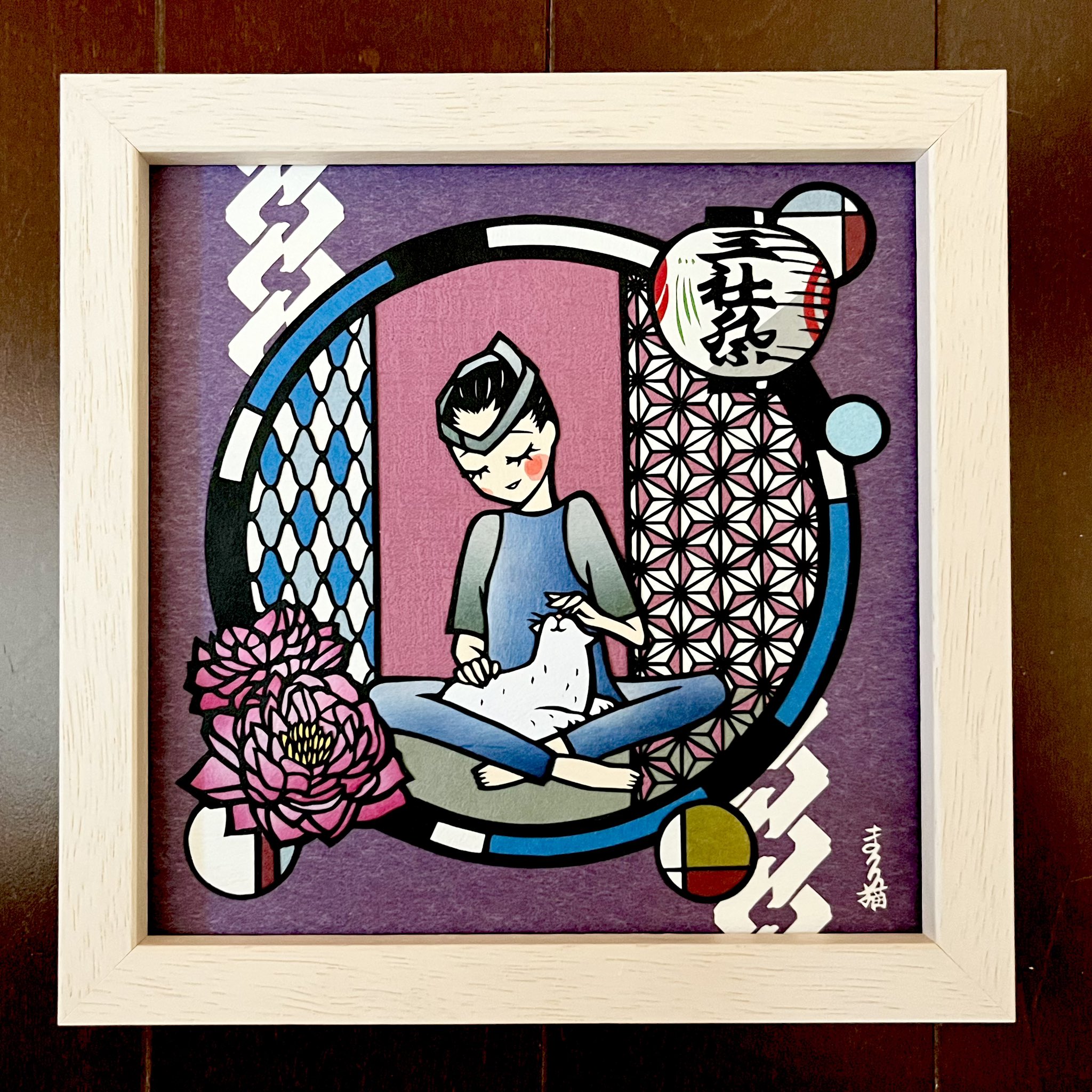 注目 まつり猫 切り絵 絵画 - Cat 円く Fortune 原画 絵画