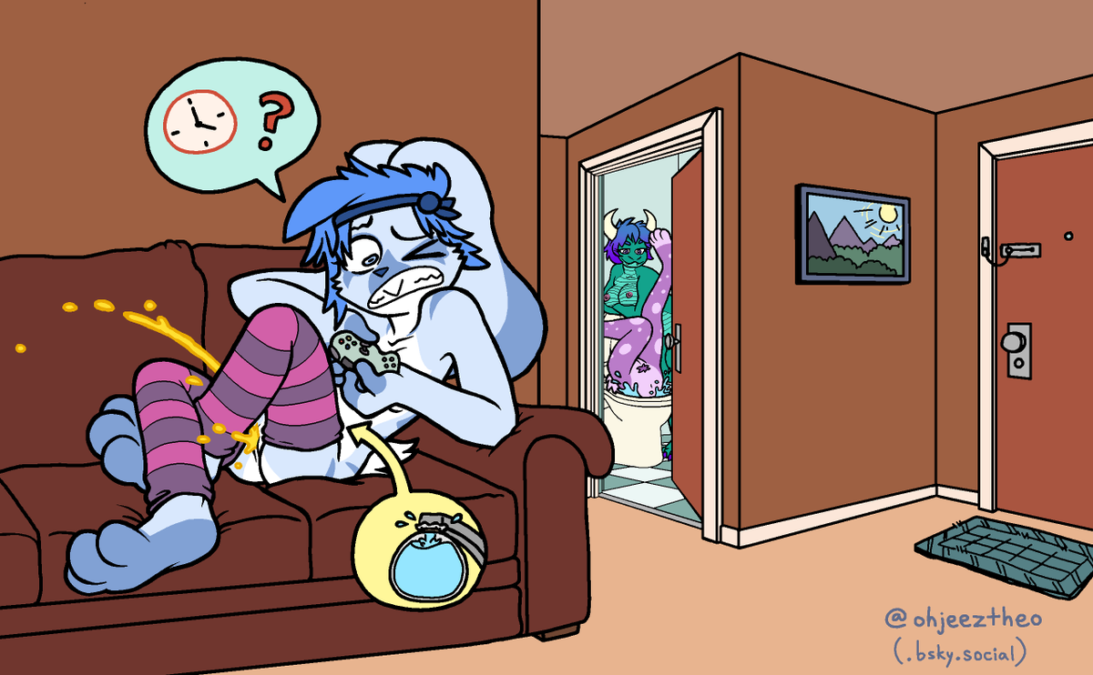 Omorashi ych/custom toilet vore for <a href="/PerMedia/">MilesPerMinuteMedia🍥</a>!

Focused on her game, Frosty didn't notice her full bladder at first. Now the bathroom's occupied by Bayah's project of flushing Lavender down the toilet. Frosty crosses her legs, trying to distract herself, pissing herself waiting.