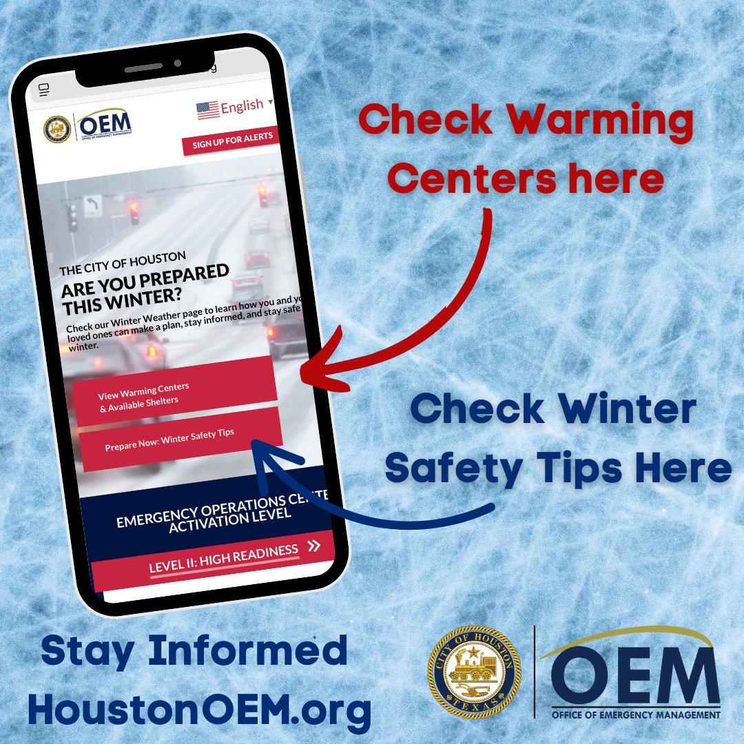 City of Houston Overnight Warming Centers now open 24/7 until Thursday. Check  HoustonOEM.org for a map of all available shelters, including non-profits. Have a plan, stay informed, and stay warm.