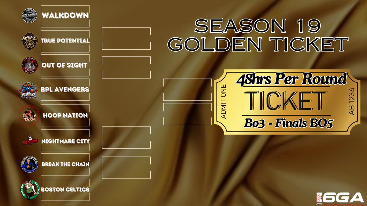 6GALive's tweet photo. Golden Ticket Tournament Season 19 @6GA2K - Pre-Season🚨

The excitement is palpable as Season 19 of the @6GALive Golden Ticket Tournament has kicked off with an electrifying pre-season event. If you're a fan of intense gaming competitions, you won't want to miss this❗️

⛹🏽‍♂️Tournament Highlights:⛹🏽‍♂️

- 🎮A Stellar Start:🎮The pre-season has already been showcasing some top-notch gameplay from participants, setting the bar high for the upcoming regular season.
- ⏳Limited Spots:⏳There are still a few coveted spots open for those eager to join the fray. This is your chance to prove your mettle among the best players in the community.
- 🎫Golden Ticket:🎫Secure your place, and you could be on your way to earning the prestigious Golden Ticket, granting you exclusive benefits and recognition in the @6GA2K community.

🪧How to Join:🪧

- ✉️Direct Message:✉️If you're ready to take your gaming to the next level, slide into the DMs of @6GALive. Don't delay❗️

@iNetworkFX @yeynotgaming @2kDiscord @2KDispatch @2kProAmENews
