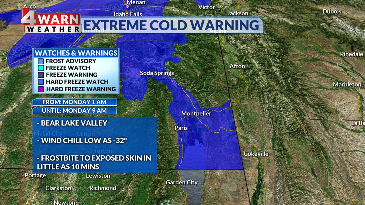 StormySandersWX's tweet photo. Brace for bitter wind chill values tonight! Frostbite to exposed skin could occur in under 30 mins, make sure to prepare with gloves, a hat, and a good jacket. Extreme Cold Warning is in effect for the Bear River Valley where frostbite in only 10 mins is possible #utwx
@abc4utah https://t.co/YcWsacAgAU