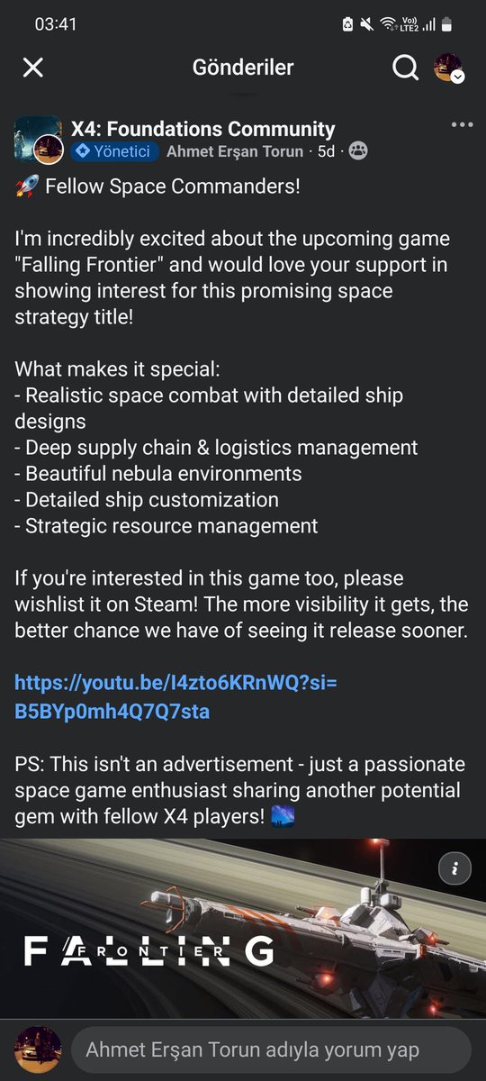 ahmtersn's tweet image. As an admin of a 5K+ X4: Foundations community, I&apos;m excited to share Falling Frontier with our members! 🚀

The realistic space combat and logistics management are exactly what our community loves. Can&apos;t wait for the release!

#FallingFrontier #X4Foundations