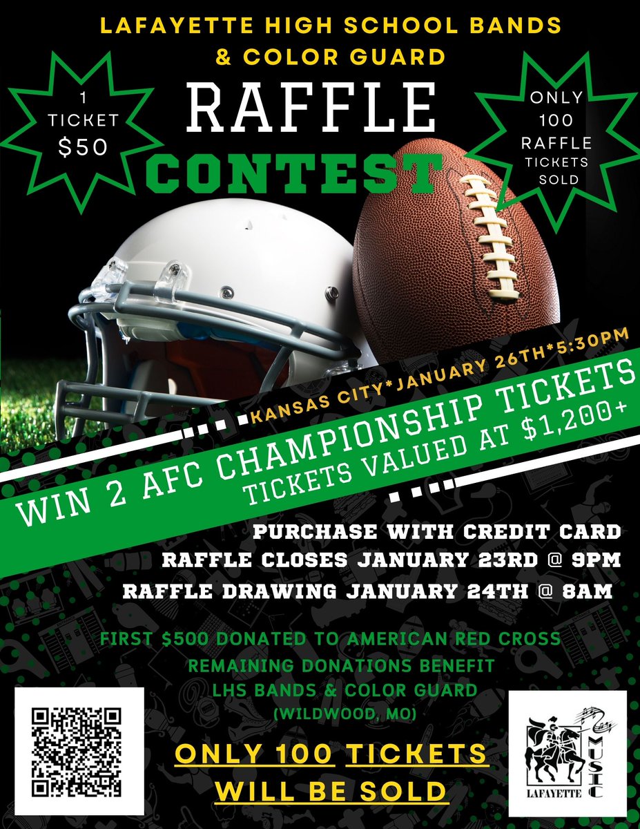 Lafayette Band (@lafayettebands) on Twitter photo 📷The Lafayette Band Boosters are excited to have the opportunity to raffle off two (2) tickets to the American Football Conference (AFC) Championship game on Sunday, January 26th in Kansas City, MO.
Use the following link to purchase raffle tickets: …fayettelancerbandboosters.square.site/shop/lafayette… 📷The Lafayette Band Boosters are excited to have the opportunity to raffle off two (2) tickets to the American Football Conference (AFC) Championship game on Sunday, January 26th in Kansas City, MO.
Use the following link to purchase raffle tickets: …fayettelancerbandboosters.square.site/shop/lafayette…