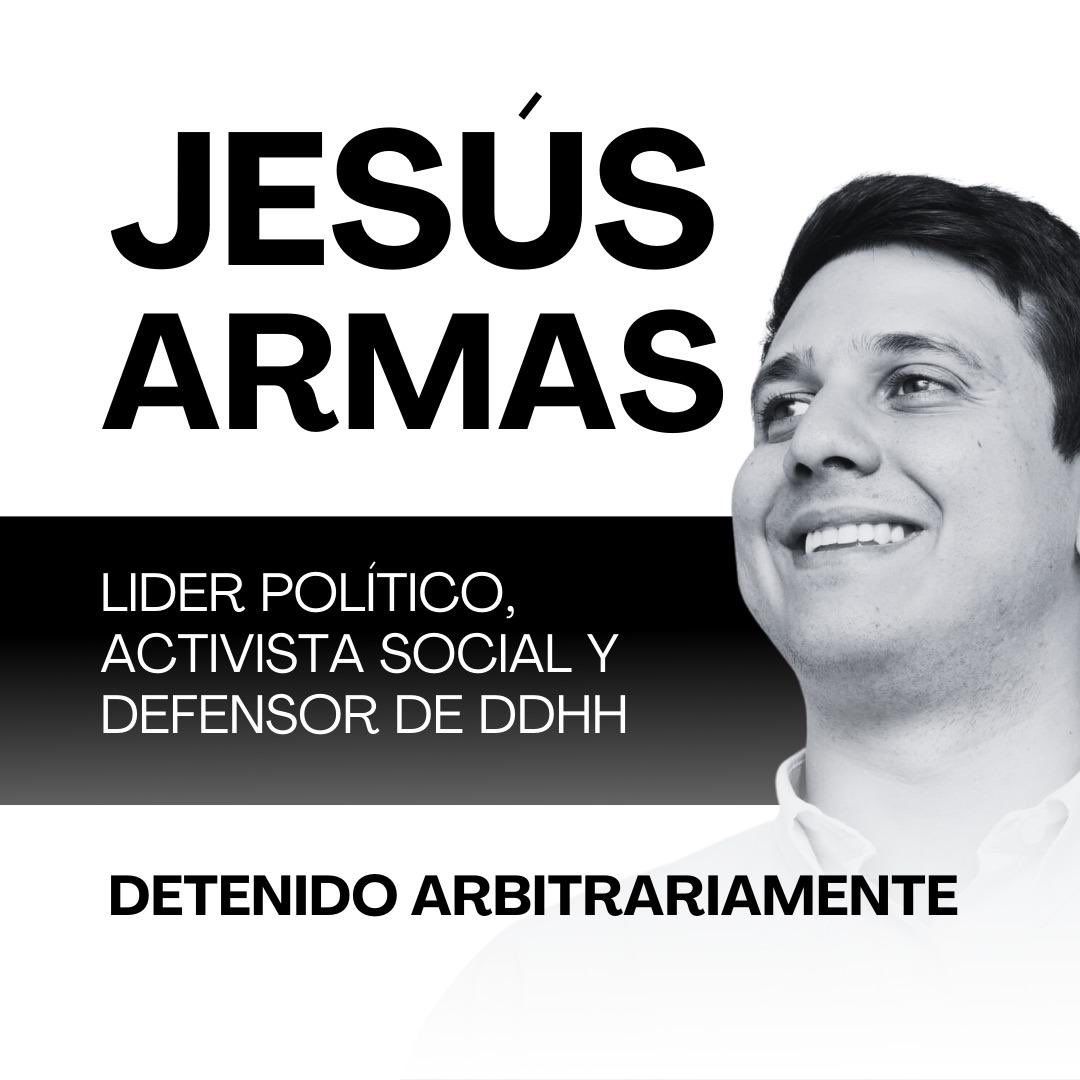 Jesús Armas, un buen vecino y amigo, un caraqueño de valores y defensor de los DDHH sigue detenido injustamente.

Jesús debe ser liberado, así como todos los presos políticos.

La persecución y el amedrentamiento no es una política, es una estrategia siniestra.