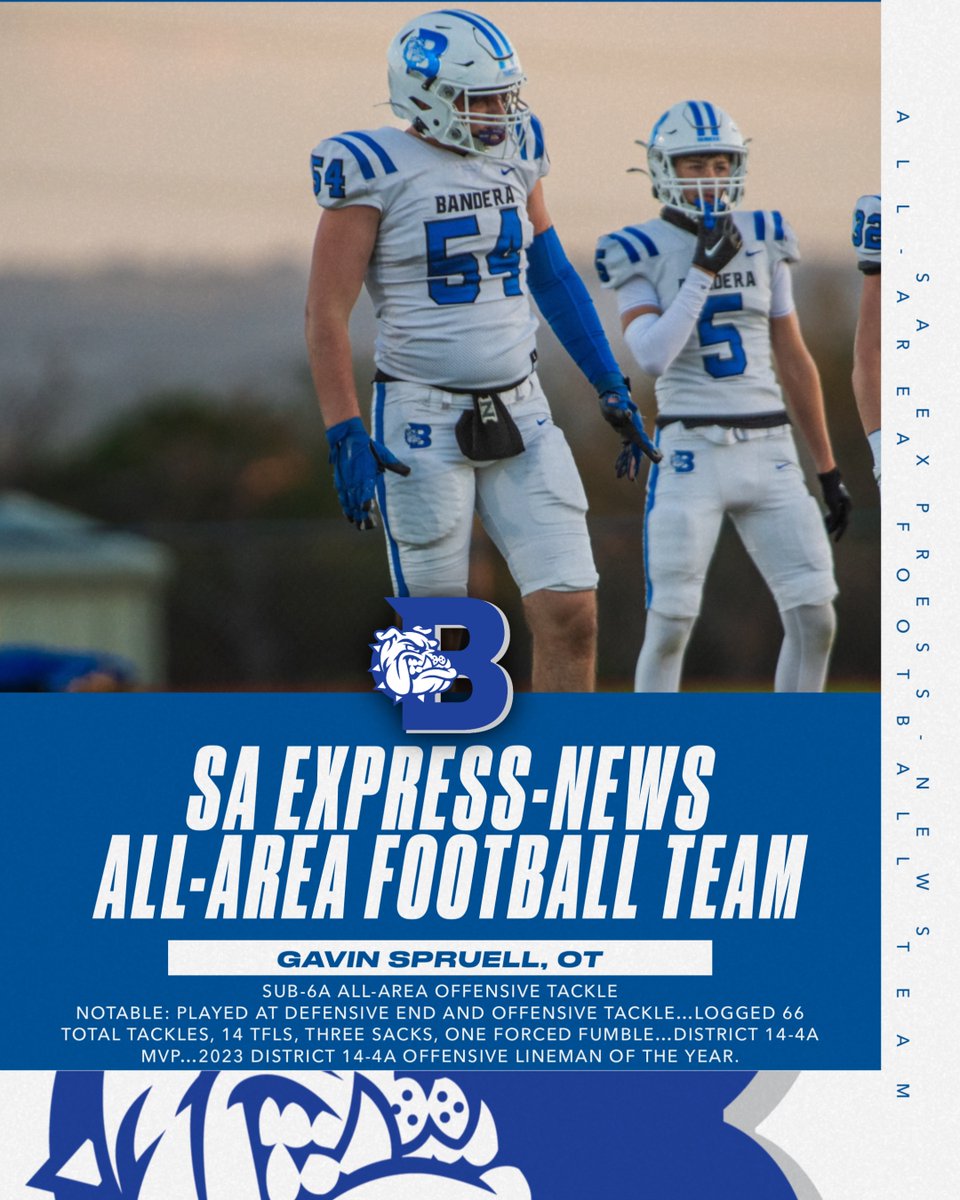 Congratulations to Gavin Spruell on earning SA Express News (@SanAntonioHSS) All-Area Football honors!

Gavin started at LT and DE was the District 14-4A MVP. He had 66 tackles, 14 TFLs, 3 sacks and a forced fumble this season. He also paved the way for 3,594 yards and 40 TDs.