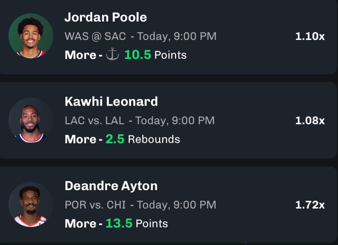 AlexCaruso's tweet image. Daily Double w/ @austinsprops 

Jordan Poole Over 10.5 Points
Kawhi Leonard Over 2.5 Rebounds
Deandre Ayton Over 13.5 Points

Going for 9th Sweep in 12 Days🧹

Available on Chalkboard Alts 

Code CARUSO up to $100 in Bonus Bets linktr.ee/carusoCB