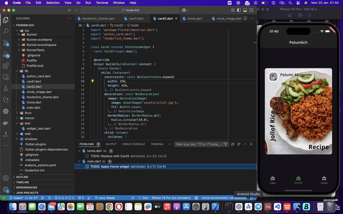 PelumzZz's tweet photo. 🔨 Deep diving into Flutter widgets today:
✅ CircleImage widget for profile pics
✅ AuthorCard for user info
✅ Stack &amp; Positioned for layered UI
✅ RotatedBox for creative text placemet

Each piece coming together beautifully! 🎨
#Flutter #FlutterDev #MobileAppDev #FlutterUI https://t.co/Xq2JaXHO5g