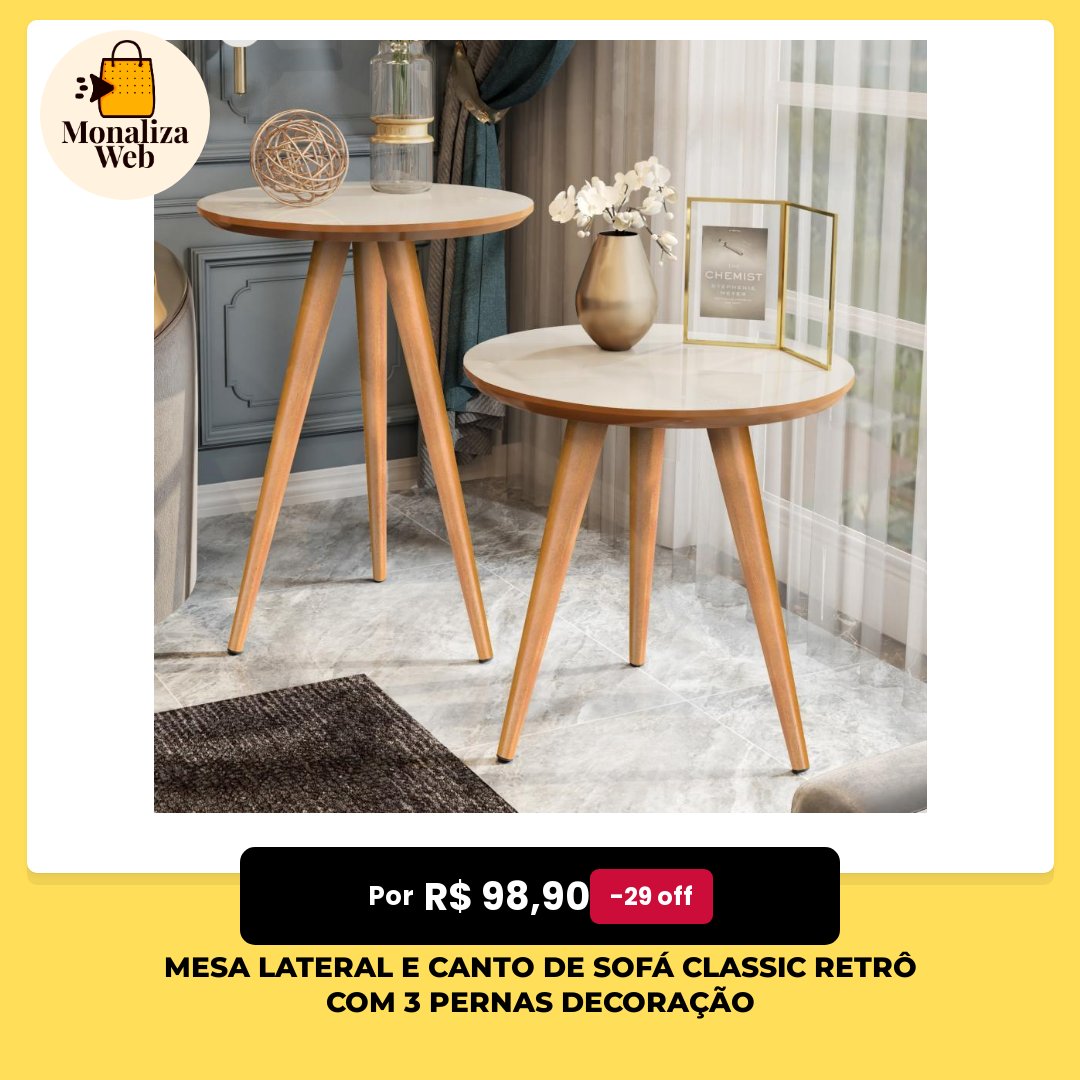 monaliza_web's tweet photo. Mesa Lateral e Canto de Sofá Classic Retrô com 3 Pernas Decoração

por R$ 98,90 🛍️

🎁👇Link para comprar:
https://t.co/I4HHJVTA46

#barata https://t.co/wQsKlB18Yf