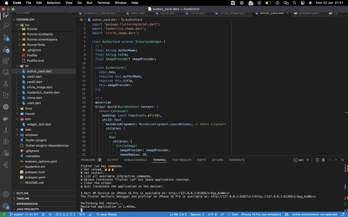 PelumzZz's tweet photo. 🔨 Deep diving into Flutter widgets today:
✅ CircleImage widget for profile pics
✅ AuthorCard for user info
✅ Stack &amp; Positioned for layered UI
✅ RotatedBox for creative text placemet

Each piece coming together beautifully! 🎨
#Flutter #FlutterDev #MobileAppDev #FlutterUI https://t.co/Xq2JaXHO5g