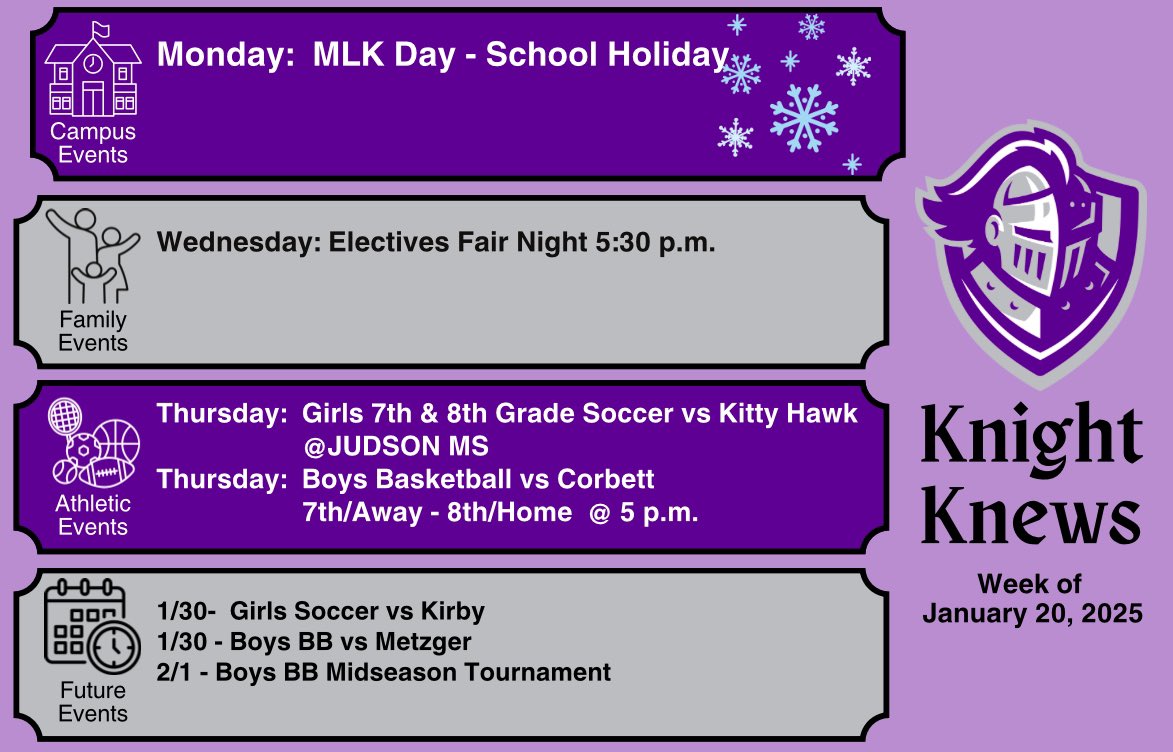 Legacy Middle School (@legacyecisd) on Twitter photo This week @ Legacy:
Mon.: MLK DAY - SCHOOL HOLIDAY
Wed.: Electives Fair Night 5:30 - 6:30 pm
Thurs.: 7th/8th Girls Soccer vs Metzger 3:50 pm
Thurs.: Boys Basketball vs Corbett @ 5 pm
7th/Away - 8th/Home
<a href="/ECISDtweets/">East Central ISD</a> <a href="/Barbela9/">Dr. Lori Barber</a> This week @ Legacy:
Mon.: MLK DAY - SCHOOL HOLIDAY
Wed.: Electives Fair Night 5:30 - 6:30 pm
Thurs.: 7th/8th Girls Soccer vs Metzger 3:50 pm
Thurs.: Boys Basketball vs Corbett @ 5 pm
7th/Away - 8th/Home
<a href="/ECISDtweets/">East Central ISD</a> <a href="/Barbela9/">Dr. Lori Barber</a>