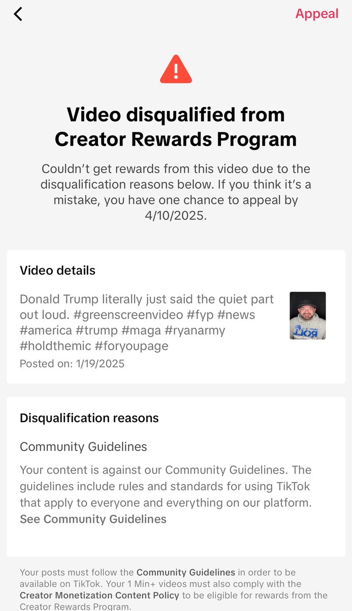 This is how they keep me silenced and from growing a massive following.

Even if they give it to me in an appeal, any momentum the post had is gone. It completely neutralizes it.