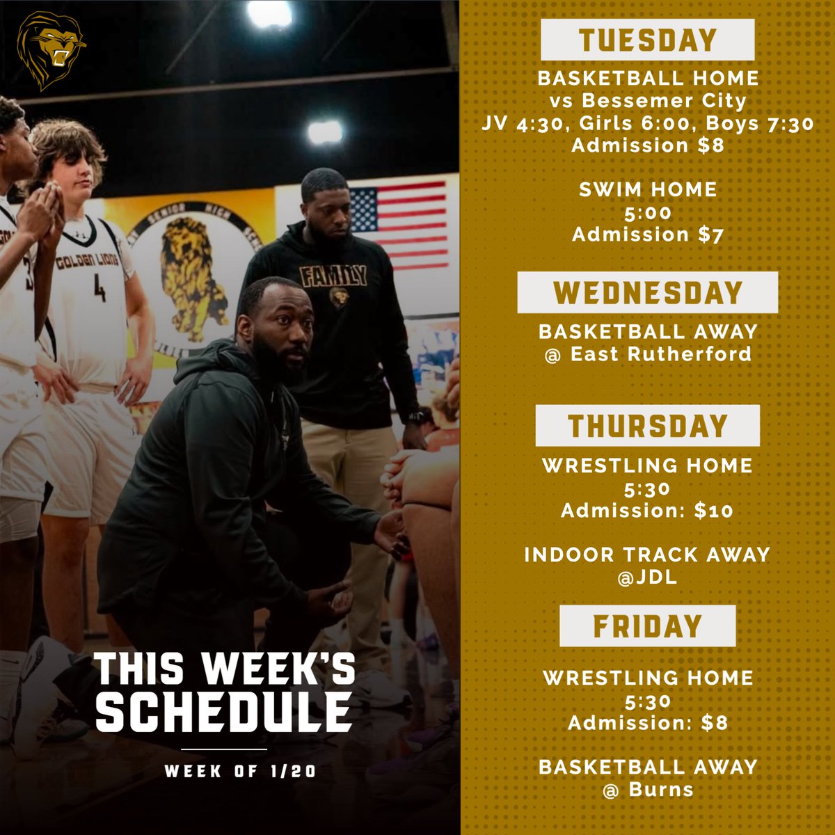 This weeks sports schedule for 1/20

<a href="/goldenlionbball/">SHELBY MEN’S BASKETBALL</a> 
<a href="/WbbGoldenLions/">GoldenLionsWBB</a> 
<a href="/wrestle_shs/">Shelby High Wrestling</a> 
<a href="/ShelbyHighTF_XC/">ShelbyHighTF_XC</a>