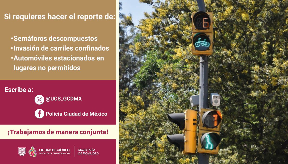 Semáforos descompuestos, con ➡️ @UCS_GCDMX. Faltas al #ReglamentoDeTránsito, con ➡️ @UCS_GCDMX. Nuestras compañeras y compañeros de la Unidad de Contacto del Secretario de la @UCS_GCDMX, te apoyan con tus reportes.