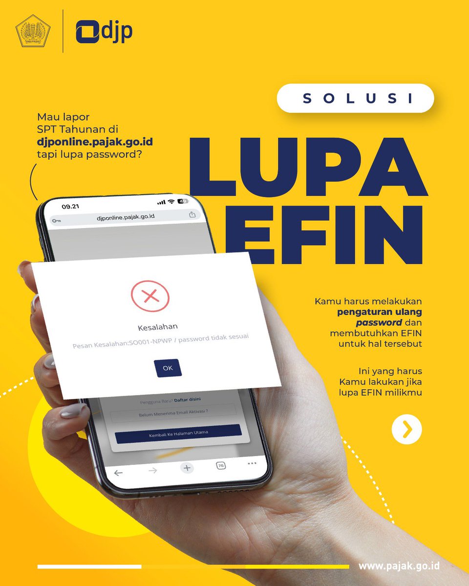 DitjenPajakRI's tweet photo. Lupa EFIN? Tenang, Cek Info Ini

Jika #KawanPajak, lupa EFIN untuk lapor SPT Tahunan Tahun Pajak 2024, #KawanPajak bisa mengikuti panduan di yang ada di infografis ini. 

Untuk informasi lebih lanjut, #KawanPajak dapat menghubungi Kring Pajak di 1500200 atau @kring_pajak atau Kantor Pajak terdaftar.