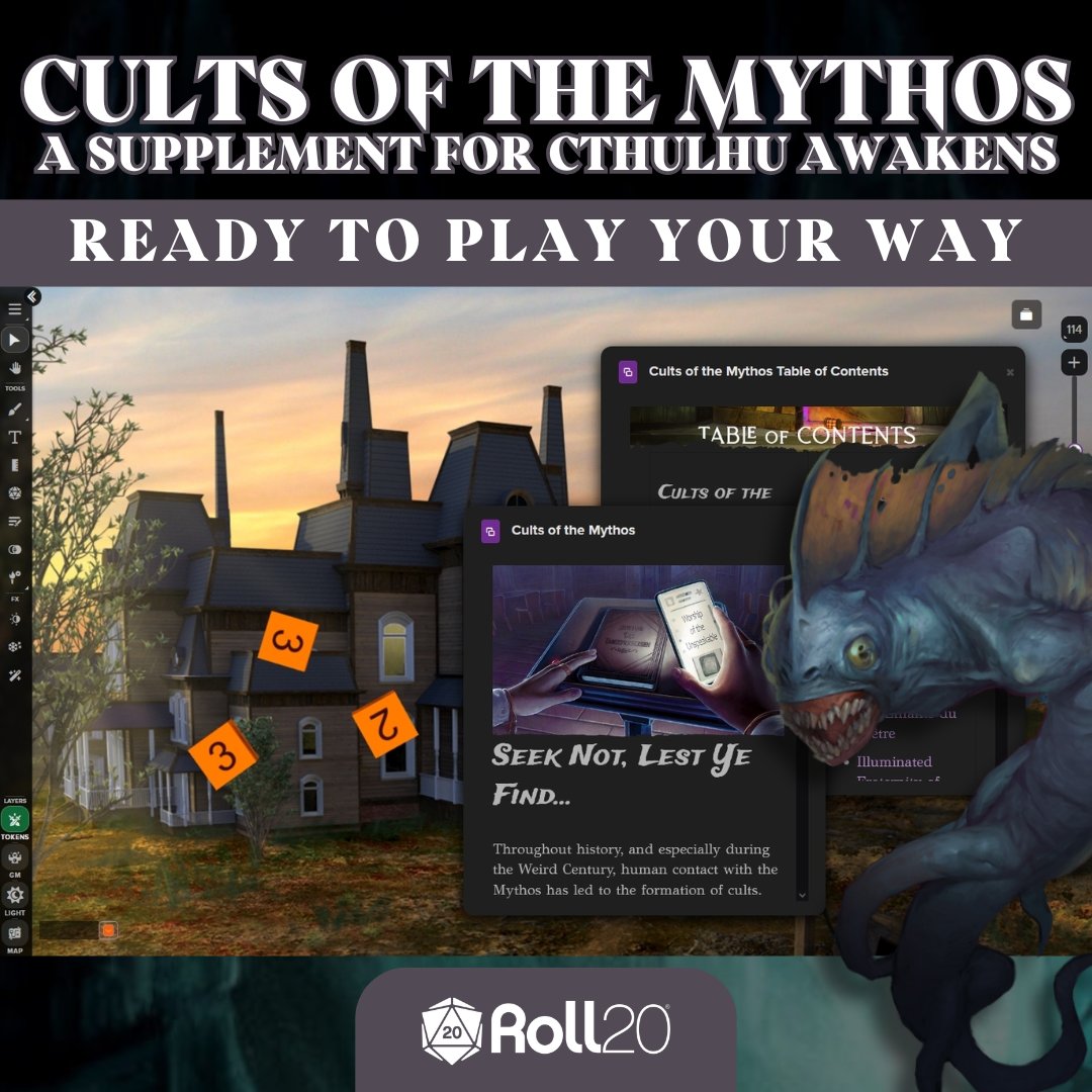 The more cults, the merrier! 😈

Cults of the Mythos by <a href="/GreenRoninPub/">Green Ronin Publishing</a> is now on Roll20. You'll get:
🕯️ 23 NEW cults for Cthulhu Awakens 
🕯️ Rules for charting the rise, fall, &amp; power of cults 
🕯️ Drag &amp; Drop Artifact and Dangerous Text

Get it here: hubs.li/Q032-vss0