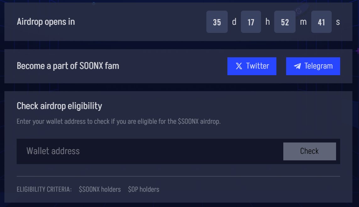 ✨SOONCHAIN UPDATE 

🔴EN : If you hodl OP, check the page below. You may have won soon 
🟢TR :  OP tutuyorsanız aşağıdaki sayfayı kontrol edin. soon kazanmış olabilirsiniz 

✅LINK : soonchain.ai/airdrop