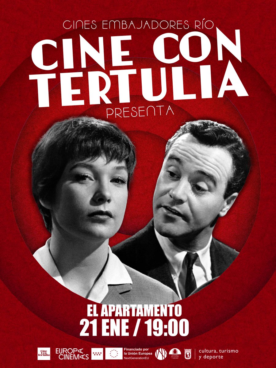 CineConTertulia's tweet photo. EL APARTAMENTO (Billy Wilder, 1960) tomó elementos del guión de Noël Coward en BREVE ENCUENTRO (David Lean, 1945).
Ven a verla el martes 21 enero, 19:00h, @CineEmbajadores Río, C/ Ercilla 53. Con @JLabordaBarcelo, crítico de cine, en la tertulia.
Entradas: https://t.co/RnCFSywApM https://t.co/zIcdsxL8Ix