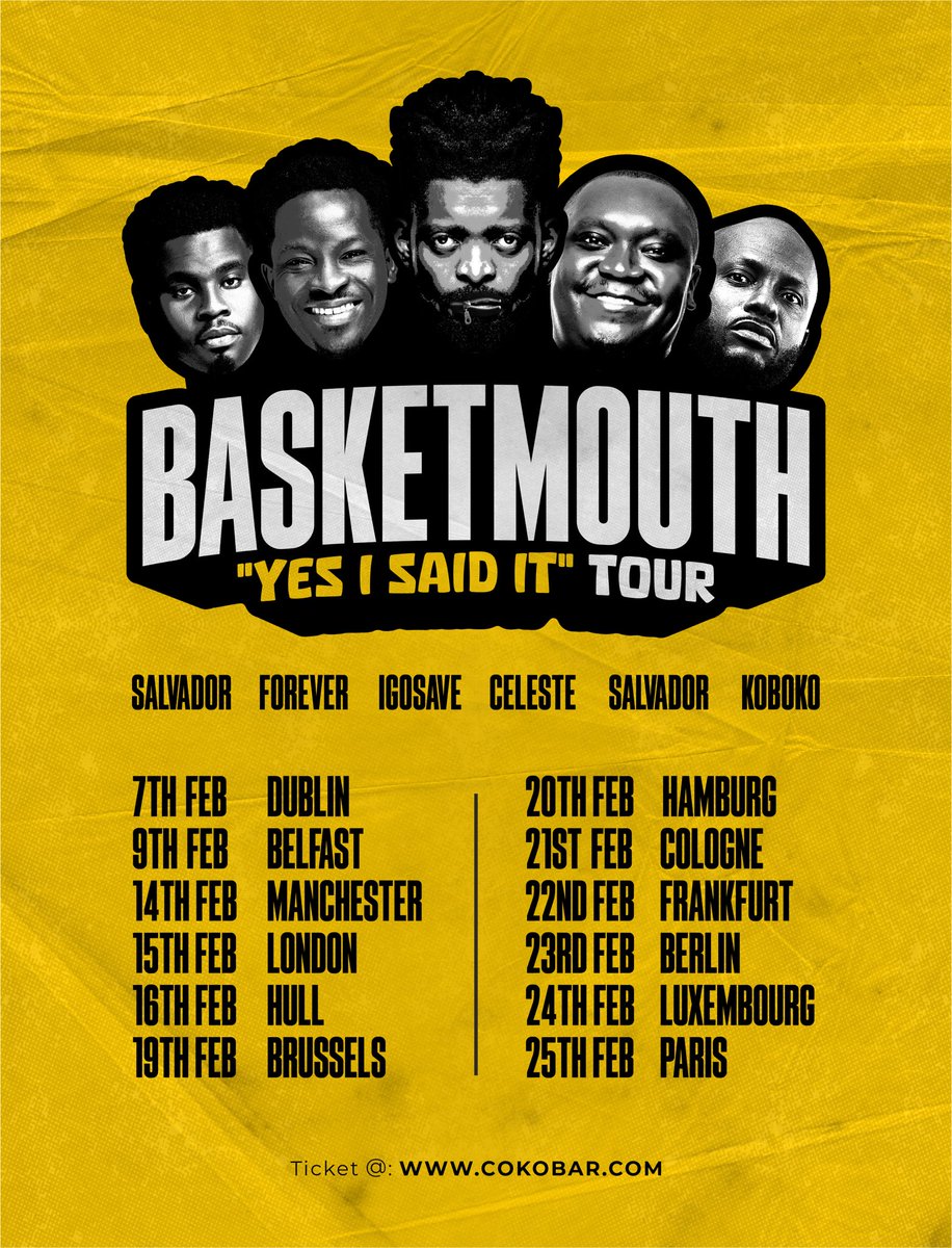 basket_mouth's tweet photo. The 15th edition of my annual valentine comedy show in London will be the last and the best edition. 

Featuring #Salvador Uganda 🇺🇬 #IGoSave 🇳🇬 #CelesteNtuli 🇿🇦 #Forever 🇳🇬 #Koboko 🇳🇬

Don’t miss it. https://t.co/l74WSczxZJ 
@Cokobar https://t.co/3TjI3D5VJd