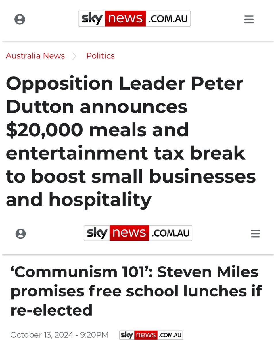 According to Sky News, when Labor wants to give free lunch to kids, it’s evil “communism 101”

Meanwhile, it’s a “boost to small business” when the Liberals do it for businesses. 

This is from the so-called “pro-family values” party and media outlet.

Make it make sense.