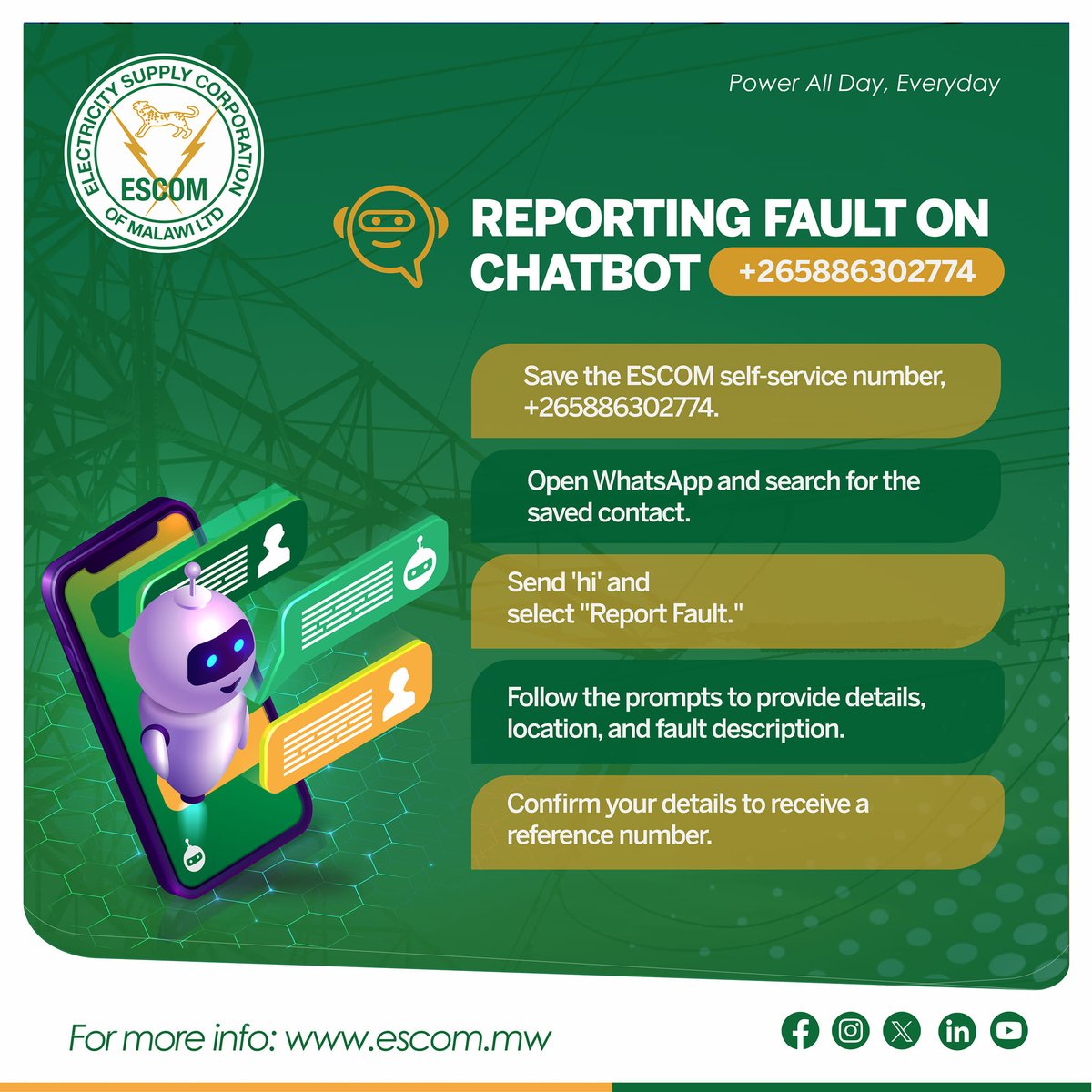 ESCOM_Malawi's tweet image. Pelekani madando okhudza magetsi mosavuta pa WhatsApp: +265 886 302 774
#escomwhatsappchatbot
#escomapp
#escomussdcode
#escomwebsite
#escom360degreesdigitalplatforms