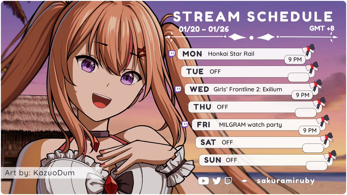 sakuramiruby's tweet photo. ♦ WEEKLY SCHEDULE 01/20 - 01/26 ♦
Sorry late post!! Imma stream star rail later at 9 pm GMT+8 :3 ALSO IMMA WATCH MILGRAM FOR THE FIRST TIME ON FRIDAYYY!!!!
Art tag: #rubyillust NSFW:#Rubylat
Live tag: #Rubytostream
Clips: #RubidyoClips Memes: #Rubinsons
#PHVtuber #ENVtuber https://t.co/toCKfDDt11