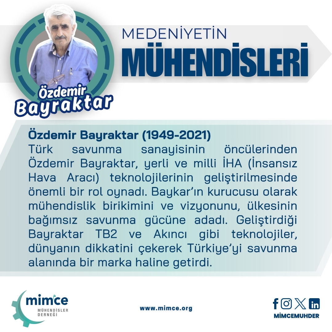 mimcemuhder's tweet photo. 🔵 Medeniyetin Mühendisi: Özdemir Bayraktar
Baykar'ın kurucusu ve İHA teknolojilerinin öncüsü Özdemir Bayraktar, ülkemizin savunma gücünü dünya sahnesine taşıyan bir isim oldu.
#MimceMühendislerDerneği #Mimce #ÖzdemirBayraktar #MilliTeknoloji #SavunmaSanayi https://t.co/uZuKUhdcVi