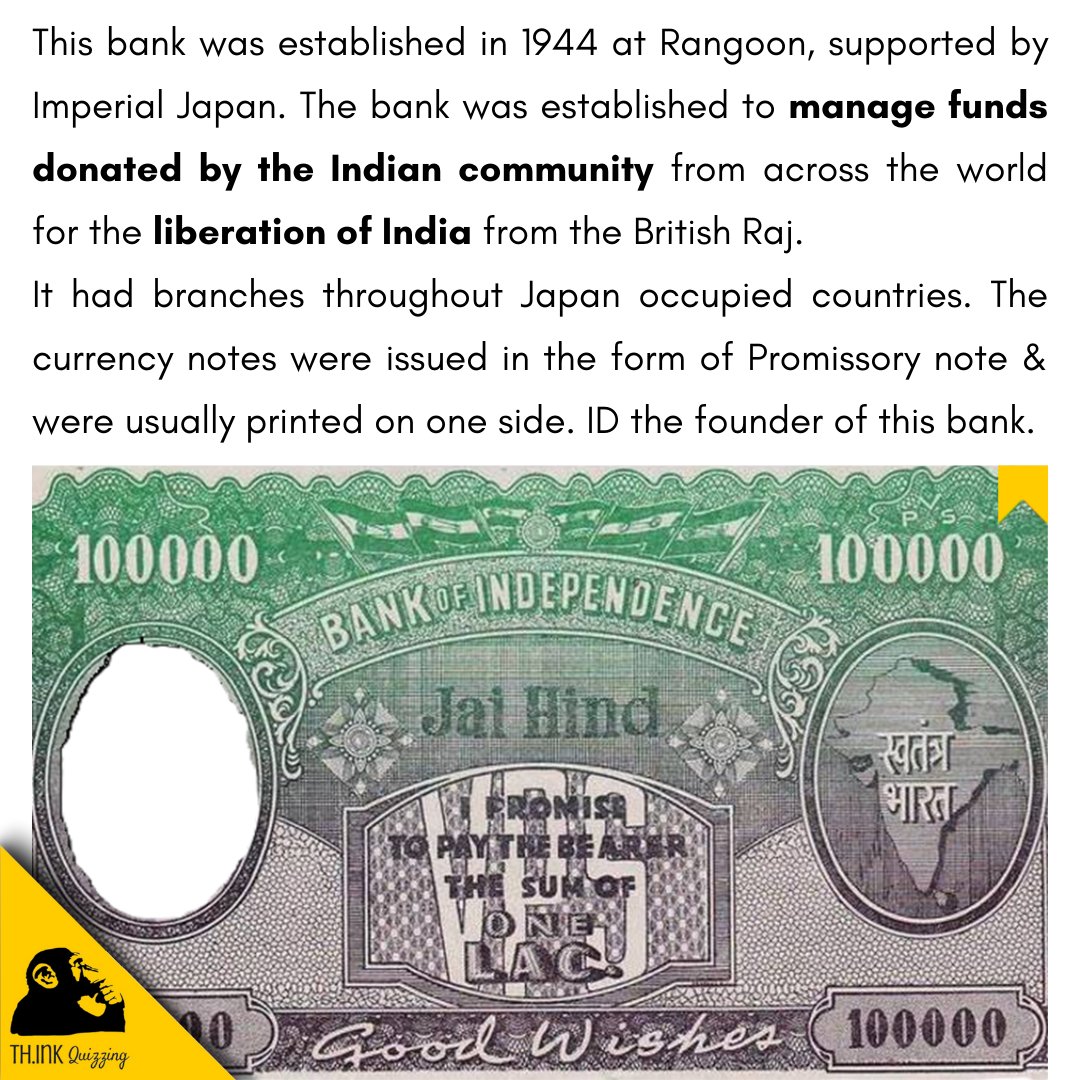 SridharHRS's tweet image. Quiz 1622) ID the legendary founder of this bank, established to manage funds donated by the Indian community from across the world for the liberation of India.

#thinkquizzing #QUIZ  #banknote  #bankingnews #Currency