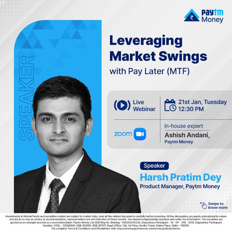 PaytmMoney's tweet photo. Level up your trading game with Pay Later (MTF). Join our live event with Harsh Pratim Dey, Product Manager, Paytm Money, as he shares expert insights on leveraging market swings.

🗓️ - 21st Jan, Tomorrow
⏰ - 12:30 PM

#LearnWithPaytmMoney #PayLaterMTF #MarginTradingFacility