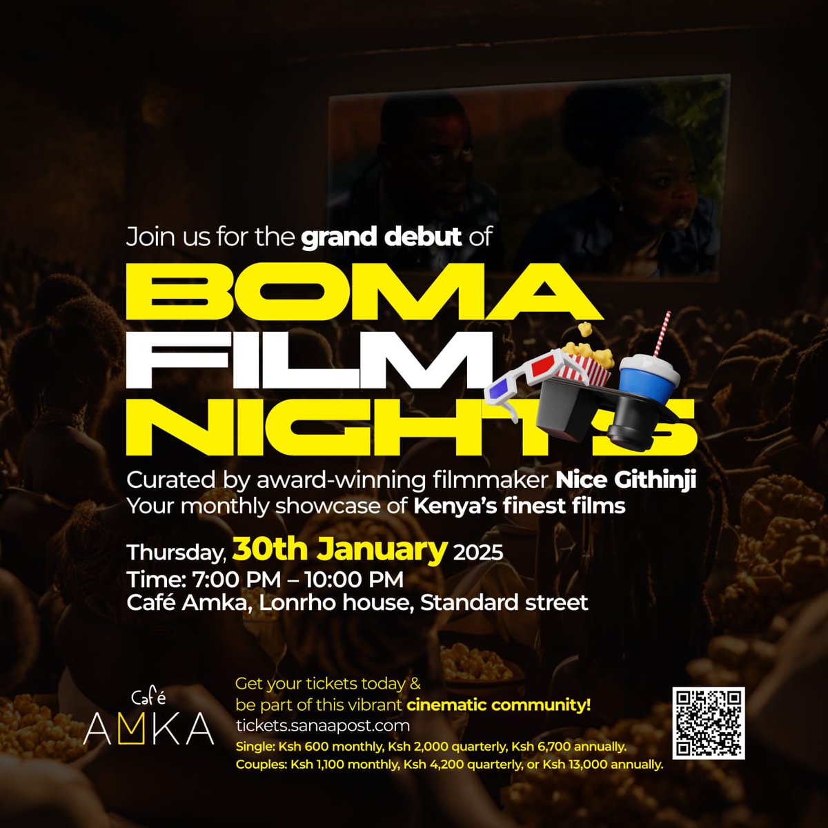 Don't miss the debut of BOMA FILM NIGHTS! 🎬✨ Every month, they'll be screening the best of Kenyan cinema, curated by the amazing Nice Githinji. This Thursday, January 30th, is the big night! Catch them at Cafe Amka, Lonrho House, at 7:00 PM. #BOMAFilmNights #KenyanCinema #film